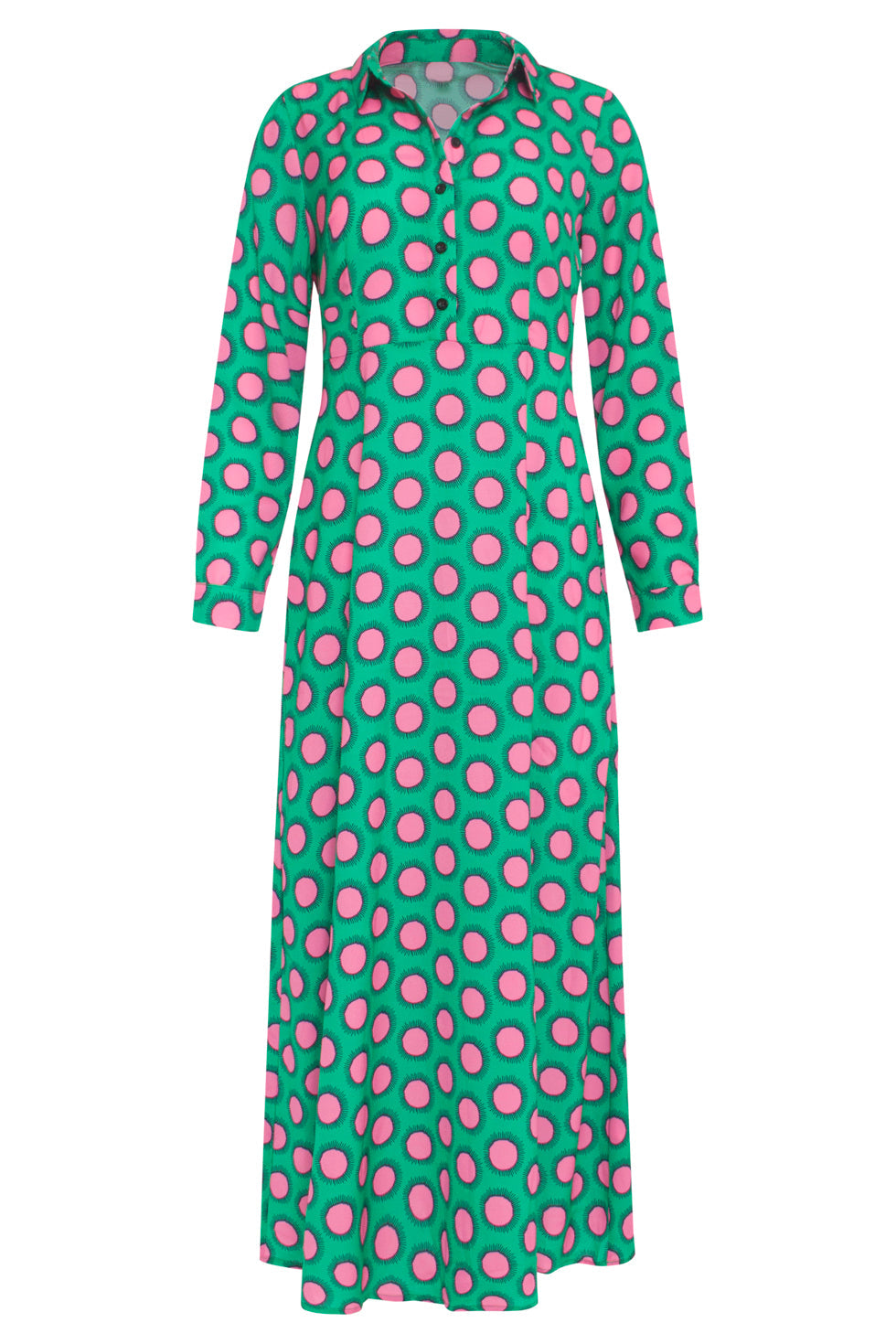 23801 Maxi Blouse Jurk Met Retro Print | Green - Fuchsia