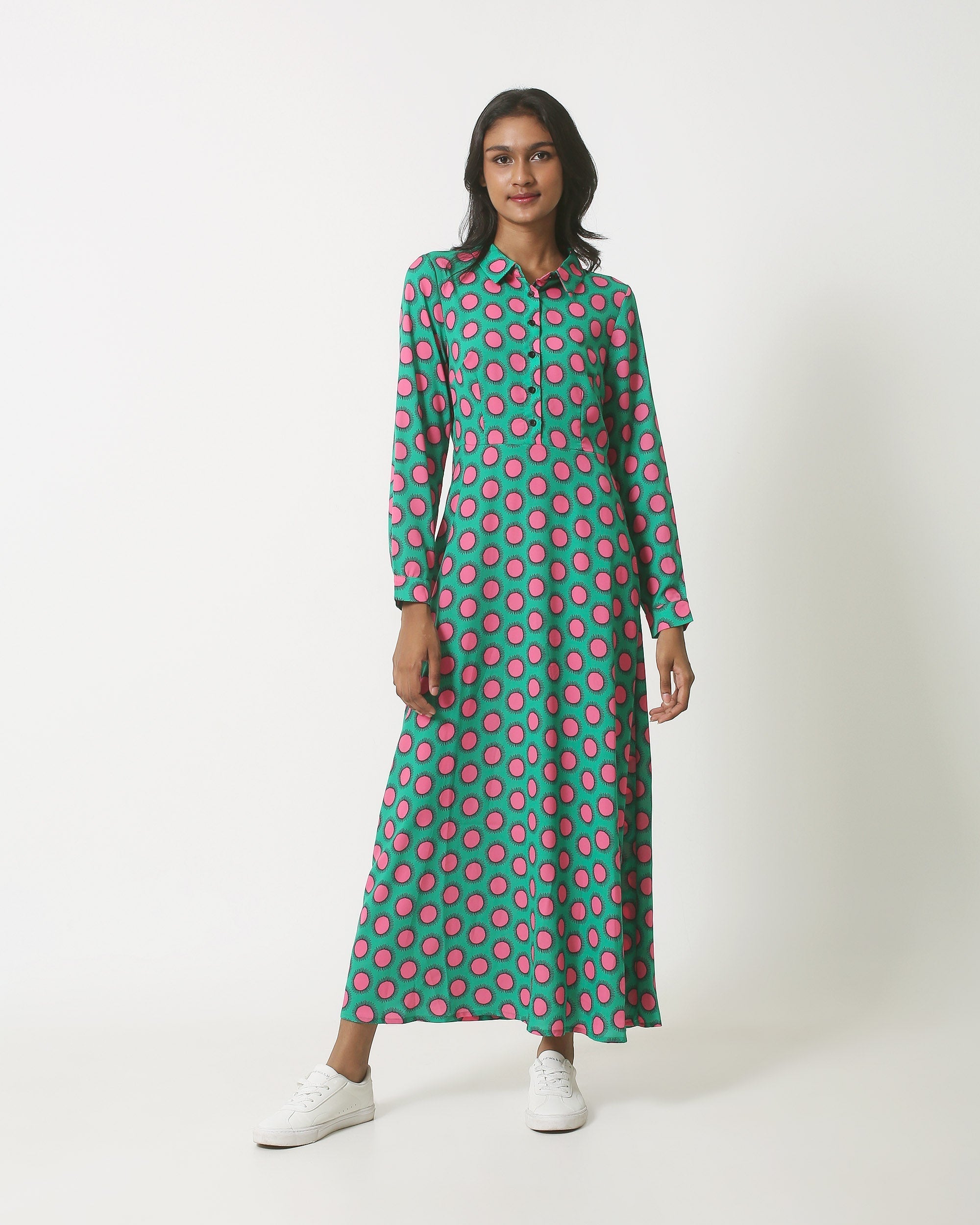 23801 Maxi Blouse Jurk Met Retro Print | Green - Fuchsia
