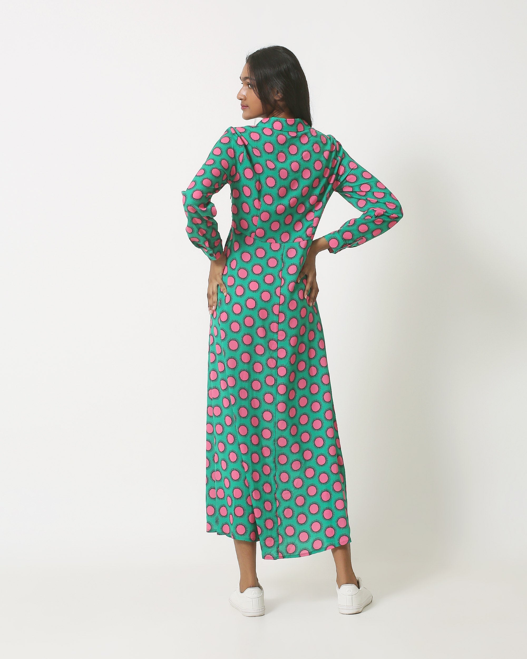23801 Maxi Blouse Jurk Met Retro Print | Green - Fuchsia