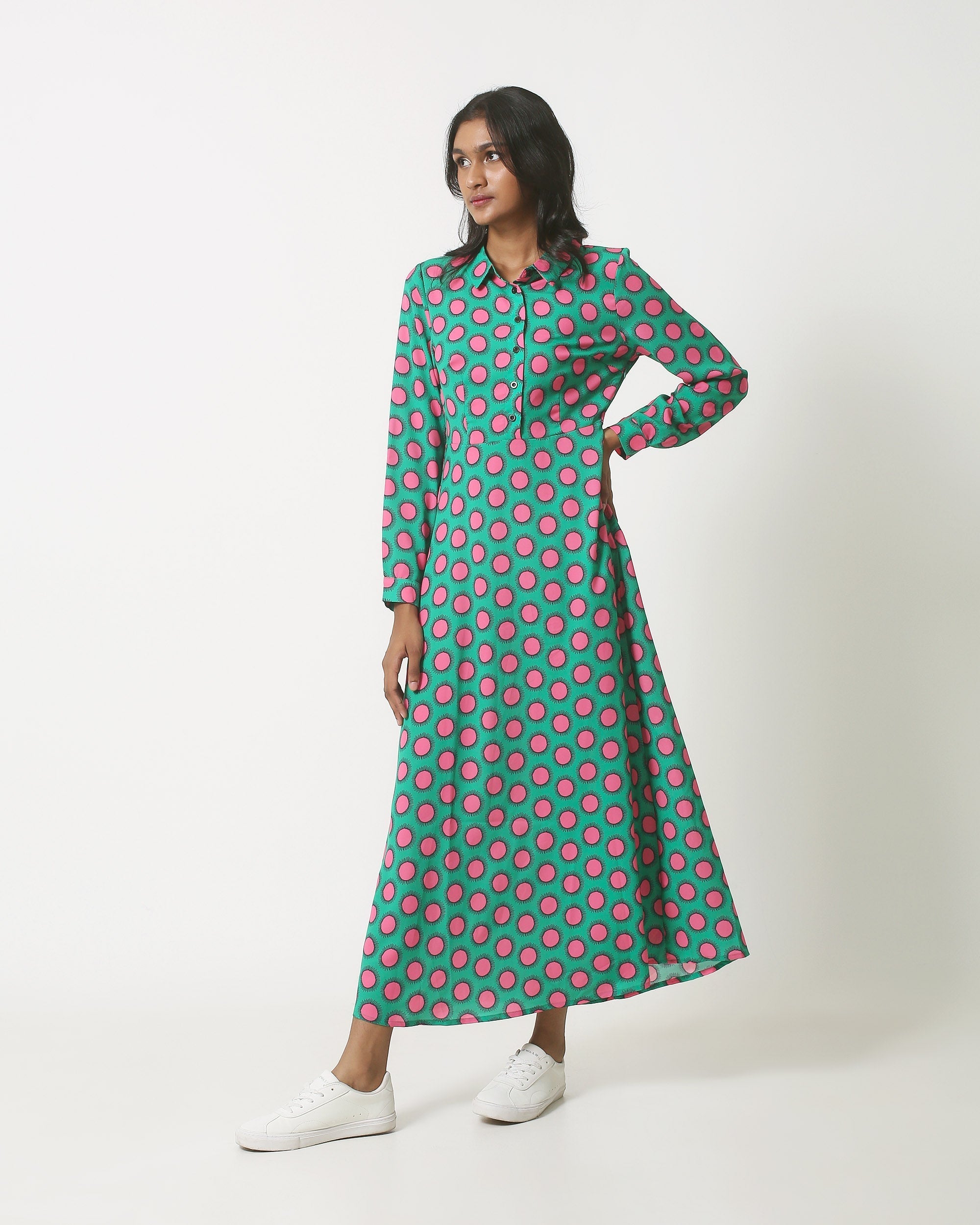 23801 Maxi Blouse Jurk Met Retro Print | Green - Fuchsia
