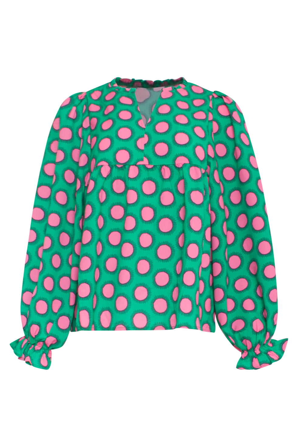 23802 Retro Print Top Met Driekwart Mouwen | Green - Fuchsia