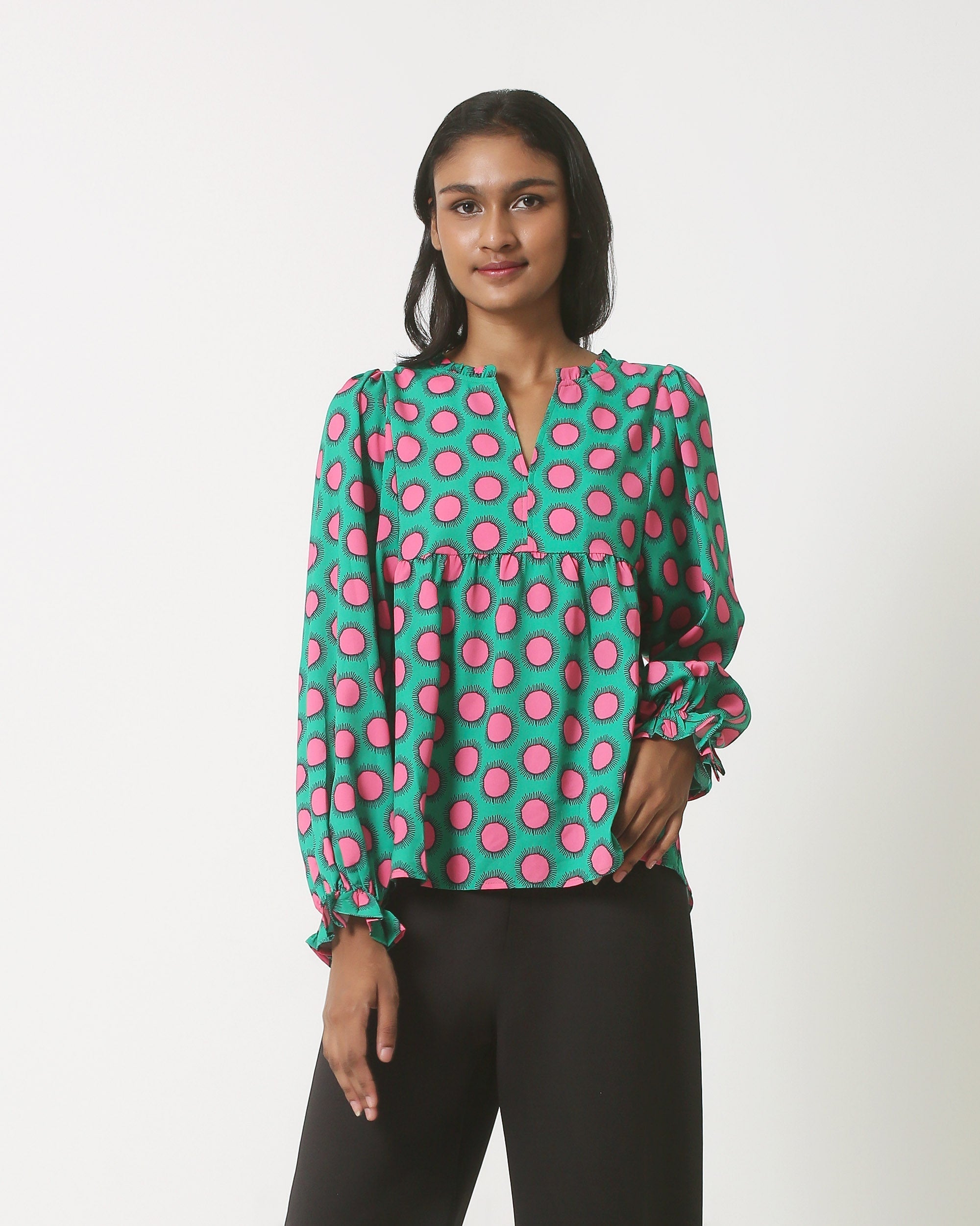 23802 Retro Print Top Met Driekwart Mouwen | Green - Fuchsia