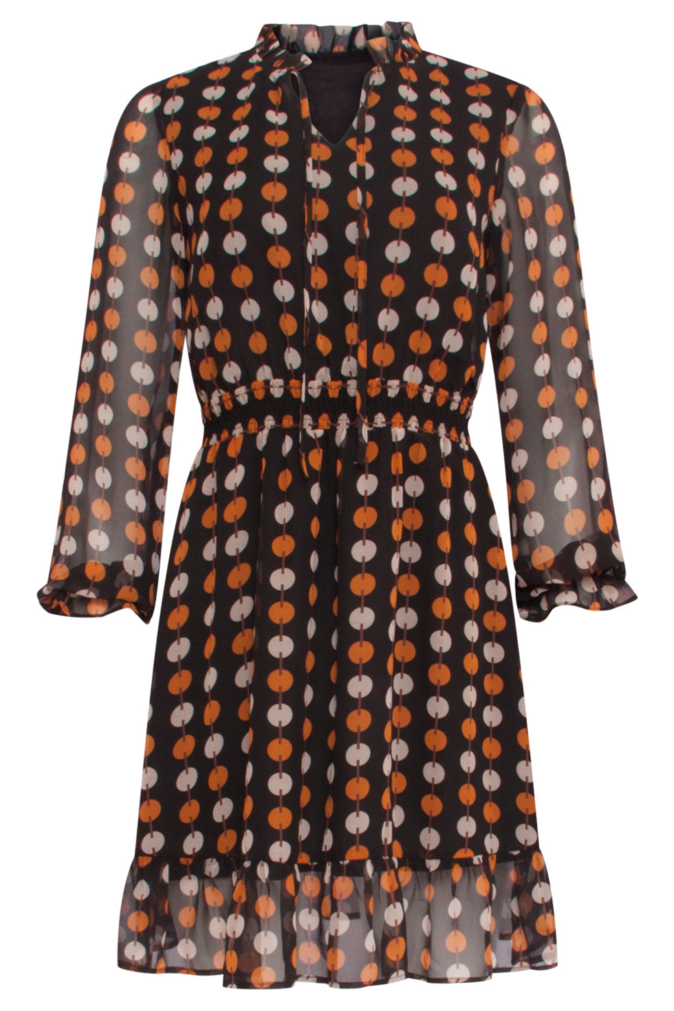 23803 Cognac Grafische Print V-Hals Jurk | Black - Cognac
