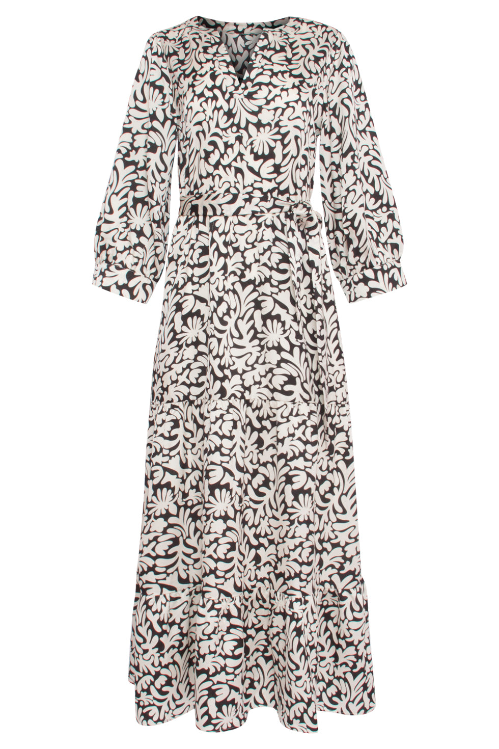 23807 - Grafische Bladerprint V-Hals Jurk | Black - White