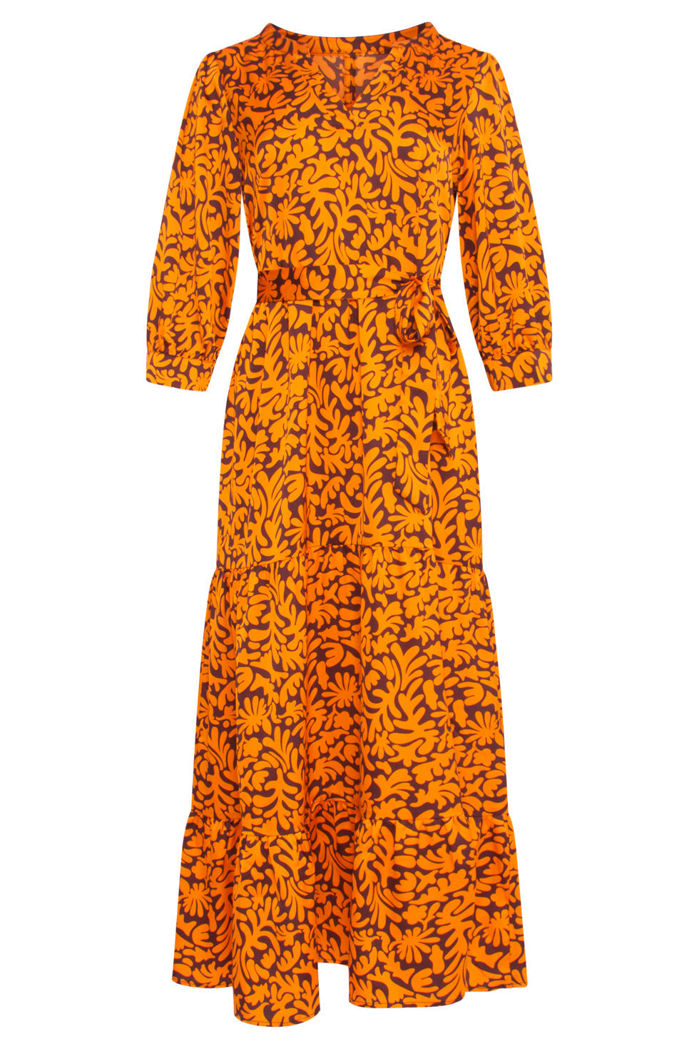 23807 - Grafische Bladerprint V-Hals Jurk | Brown - Orange