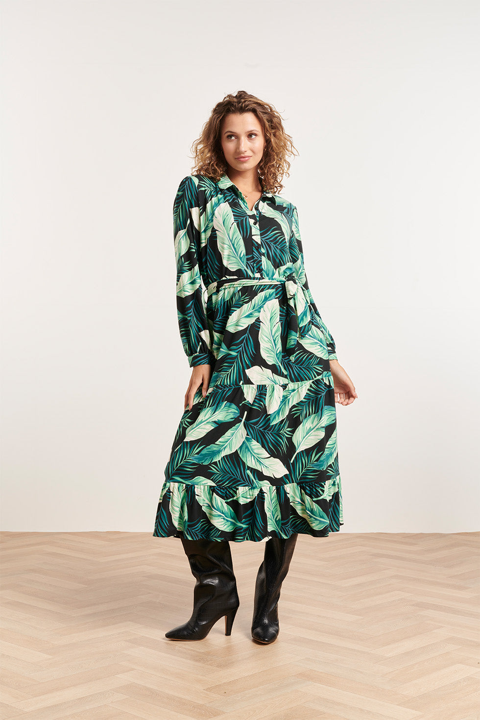 23812 Multi Bladerprint V-Hals Jurk | Black - Green