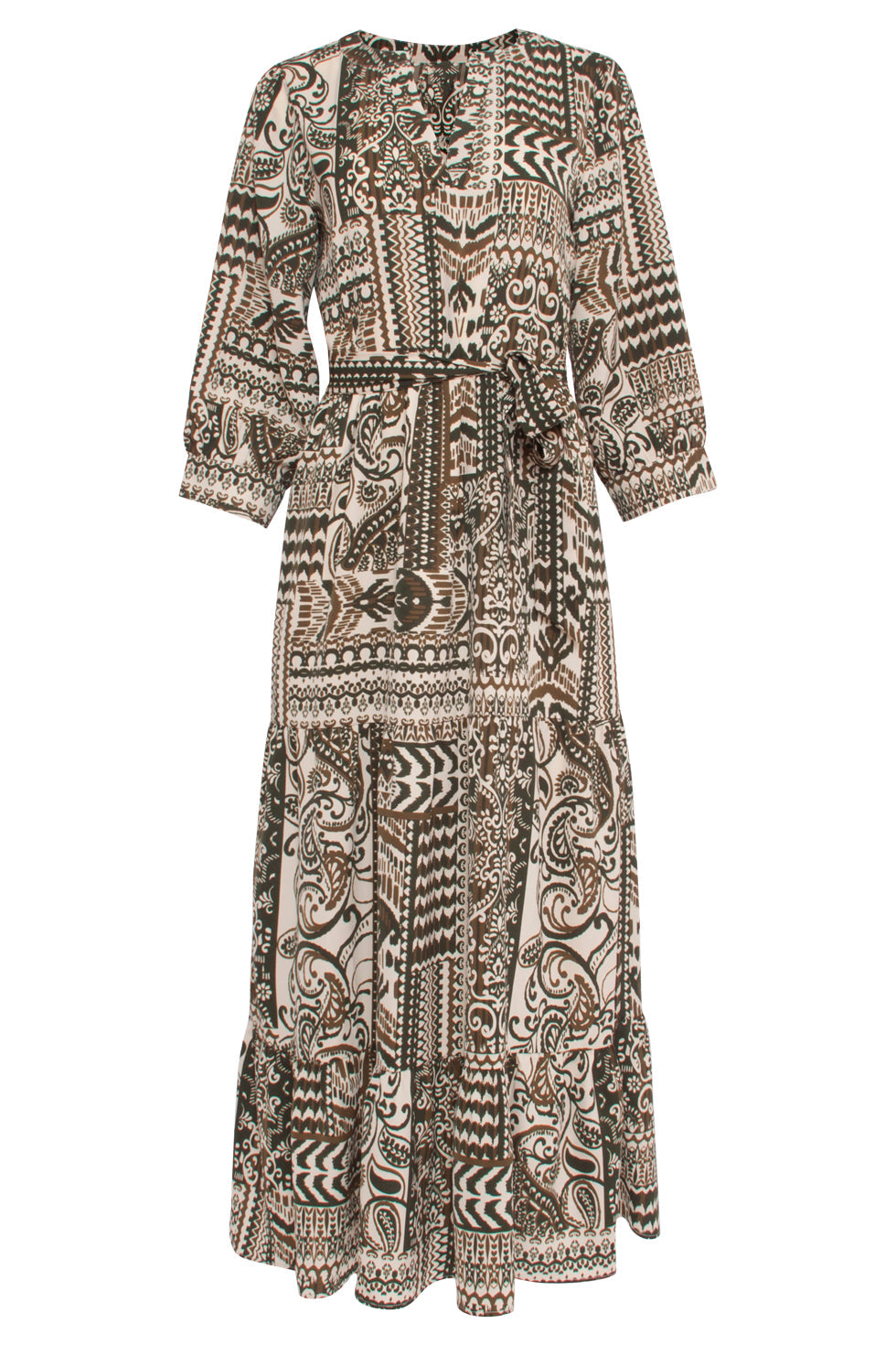 23814 Ornamentele Print V-Hals Jurk | Army - Off White