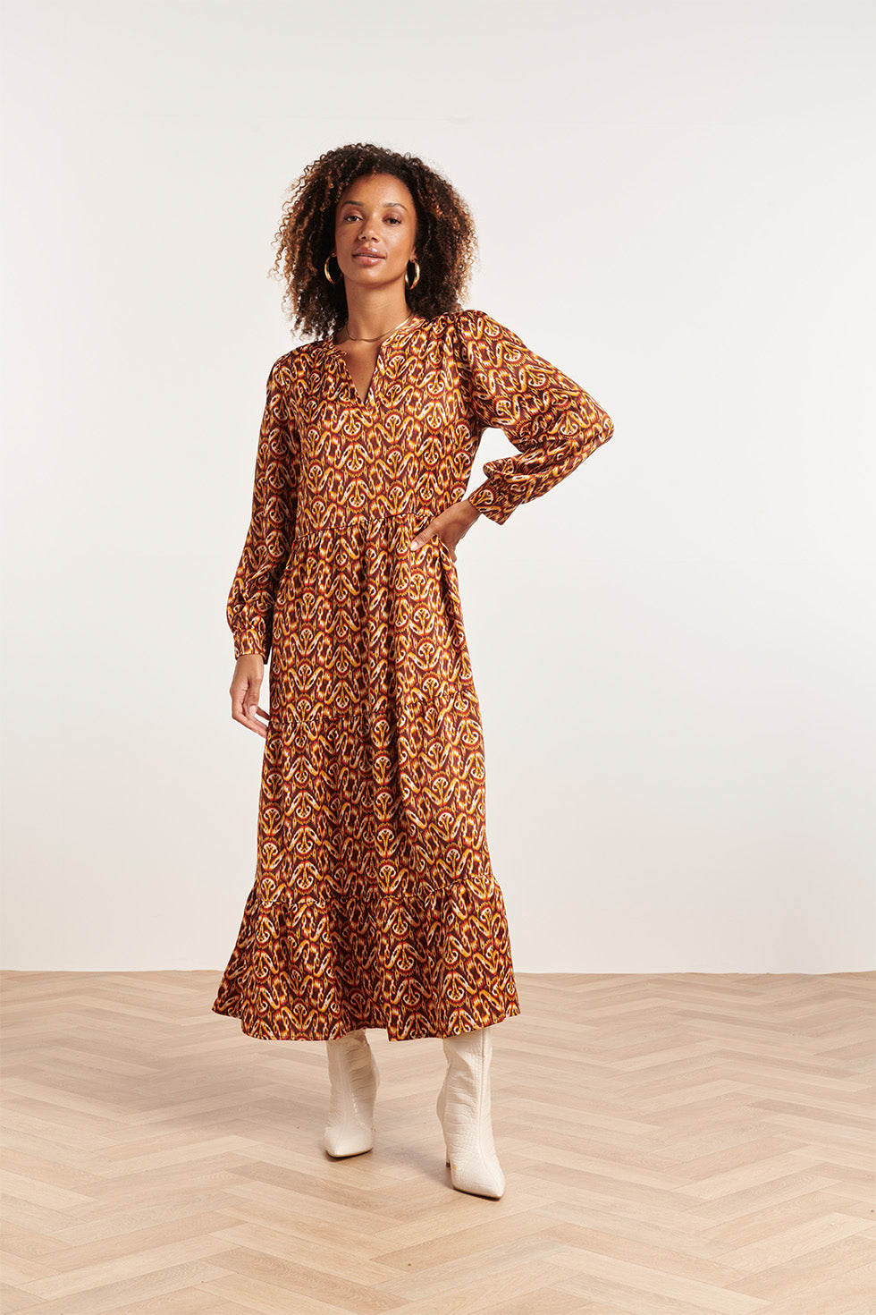 23816 - Abstracte Print V-Hals Jurk | Brown - Orange