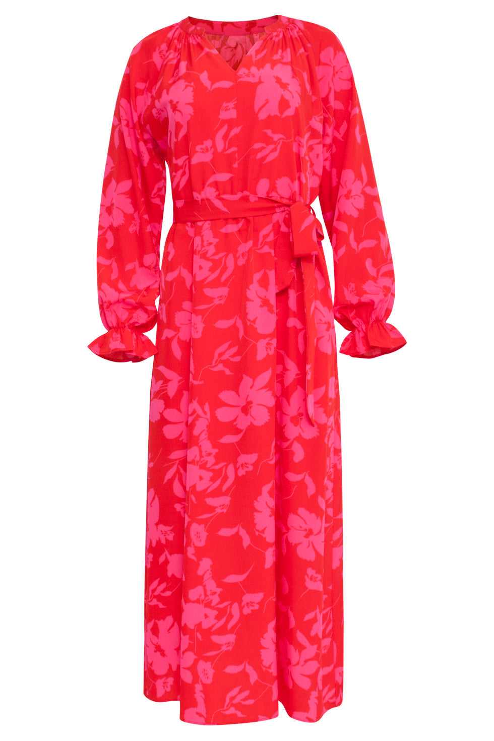 23821 Bloemenprint V-Hals Jurk | Red - Fuchsia