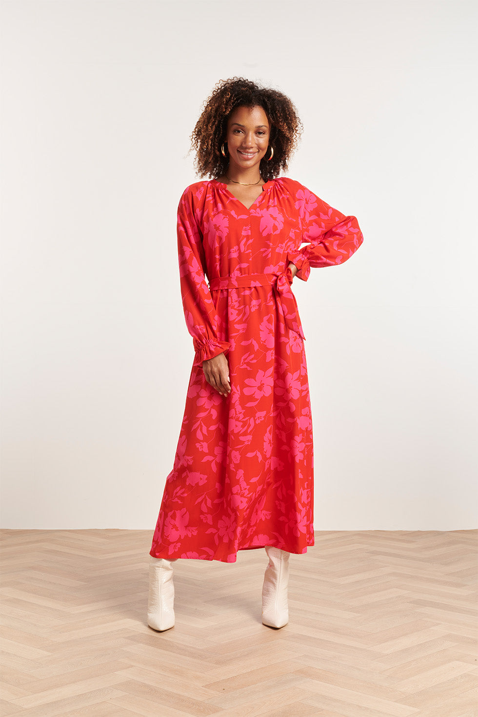 23821 Bloemenprint V-Hals Jurk | Red - Fuchsia