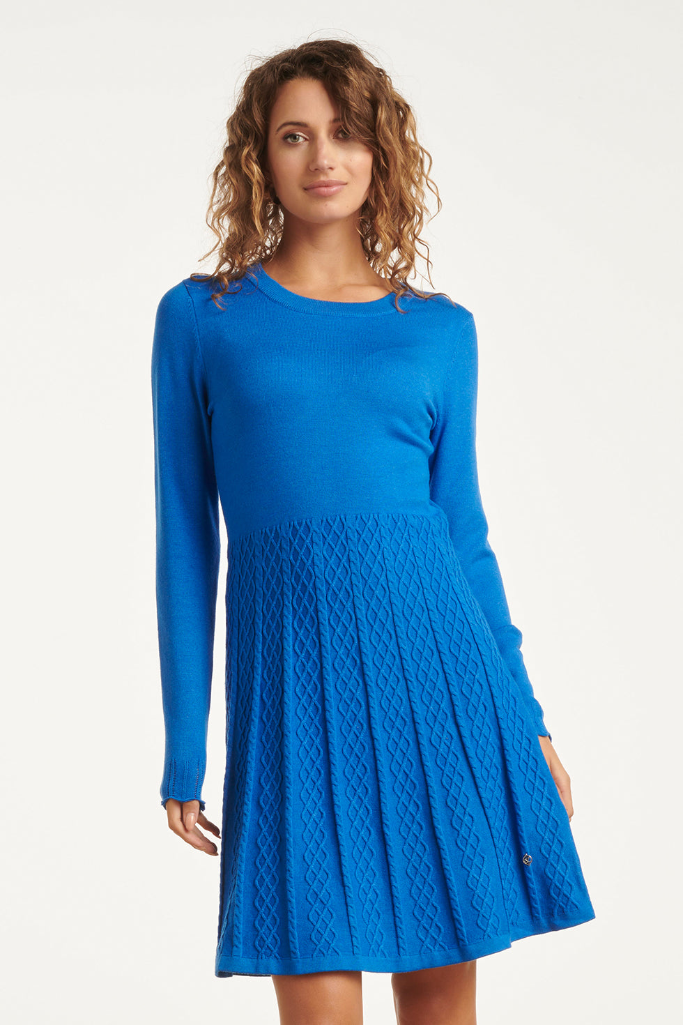 23829 Kobalt Ronde Hals Jurk Met Uitlopende Rok | Sky Blue