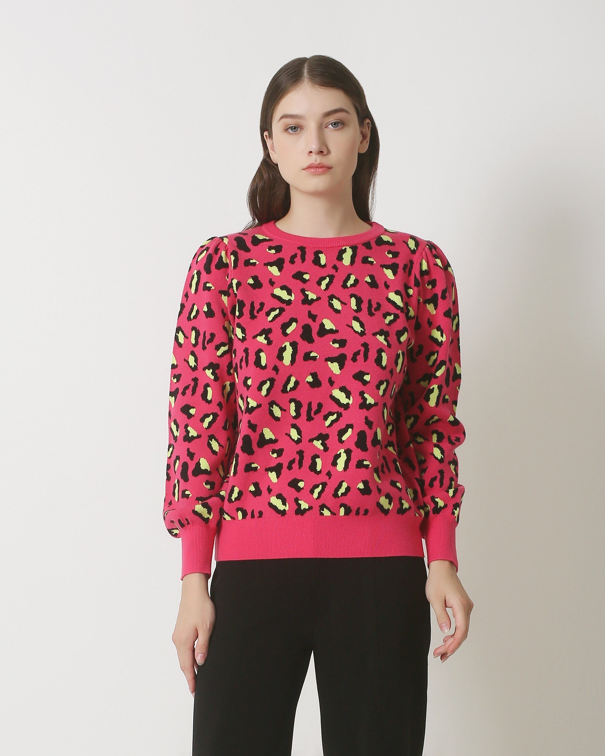 23835 Dierenprint Top Met Ronde Hals | Fuchsia - Black
