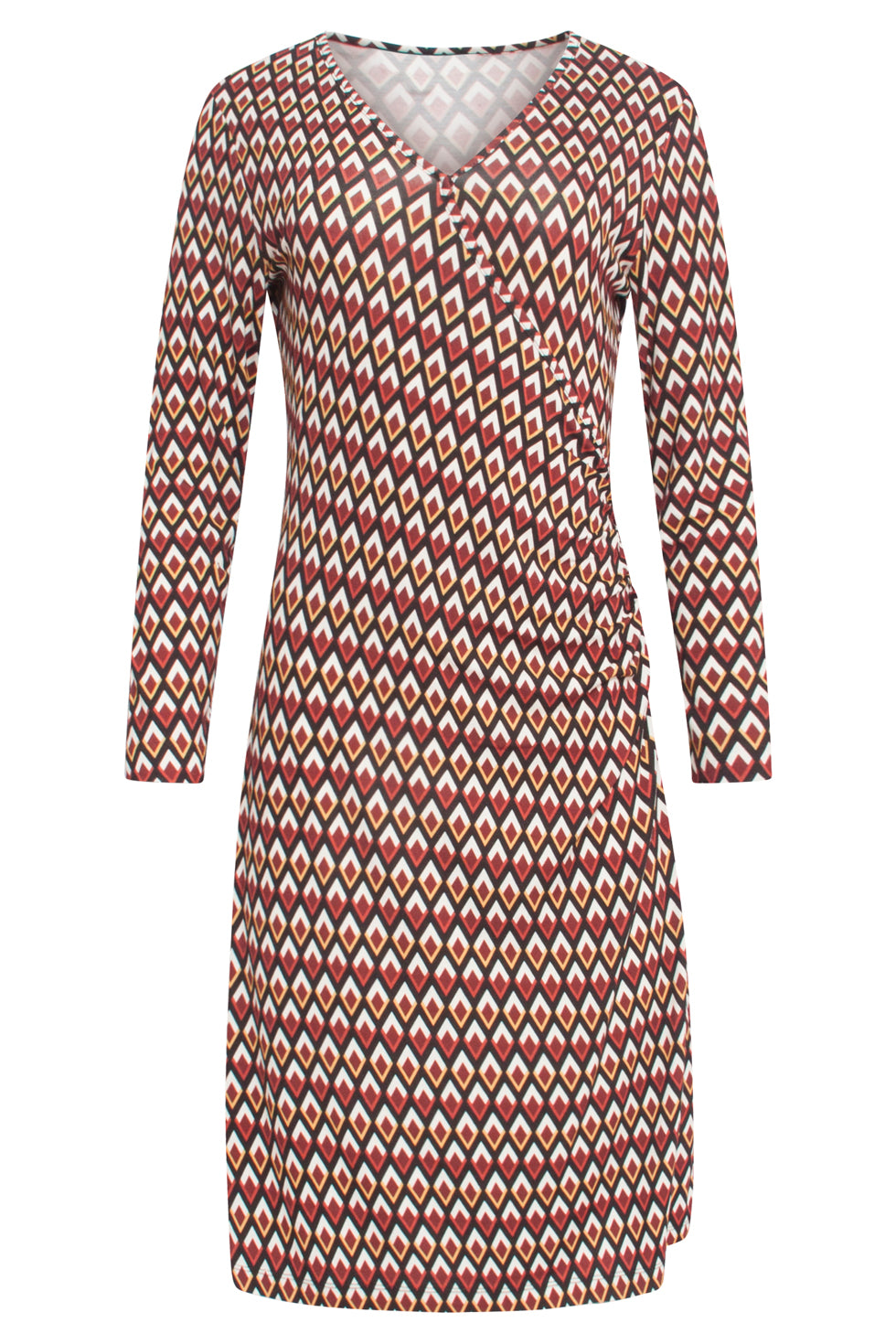 23871 te Retro Print Jurk - Lange Mouwen, V-Hals Overslag | Muticolour