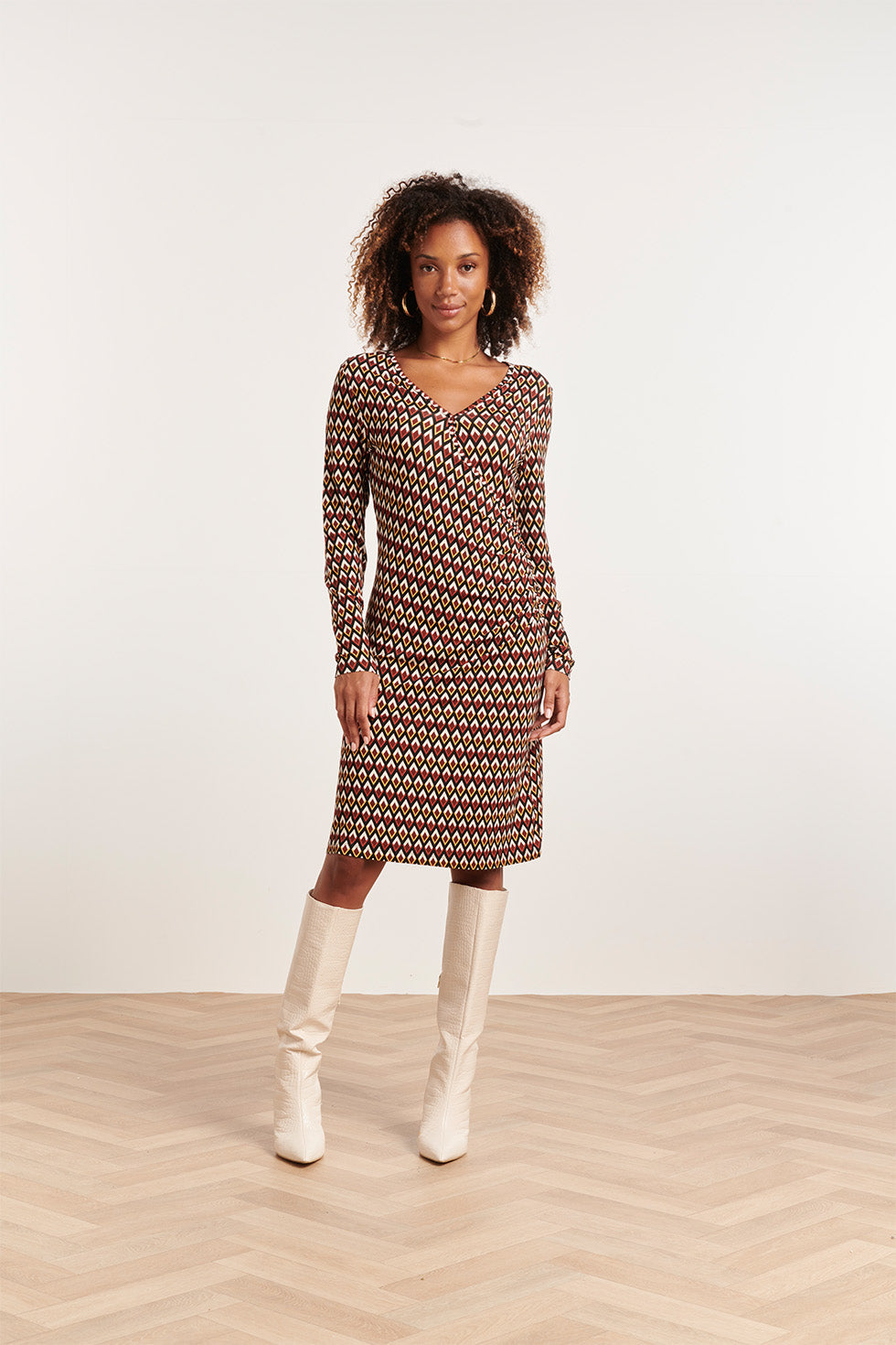 23871 te Retro Print Jurk - Lange Mouwen, V-Hals Overslag | Muticolour