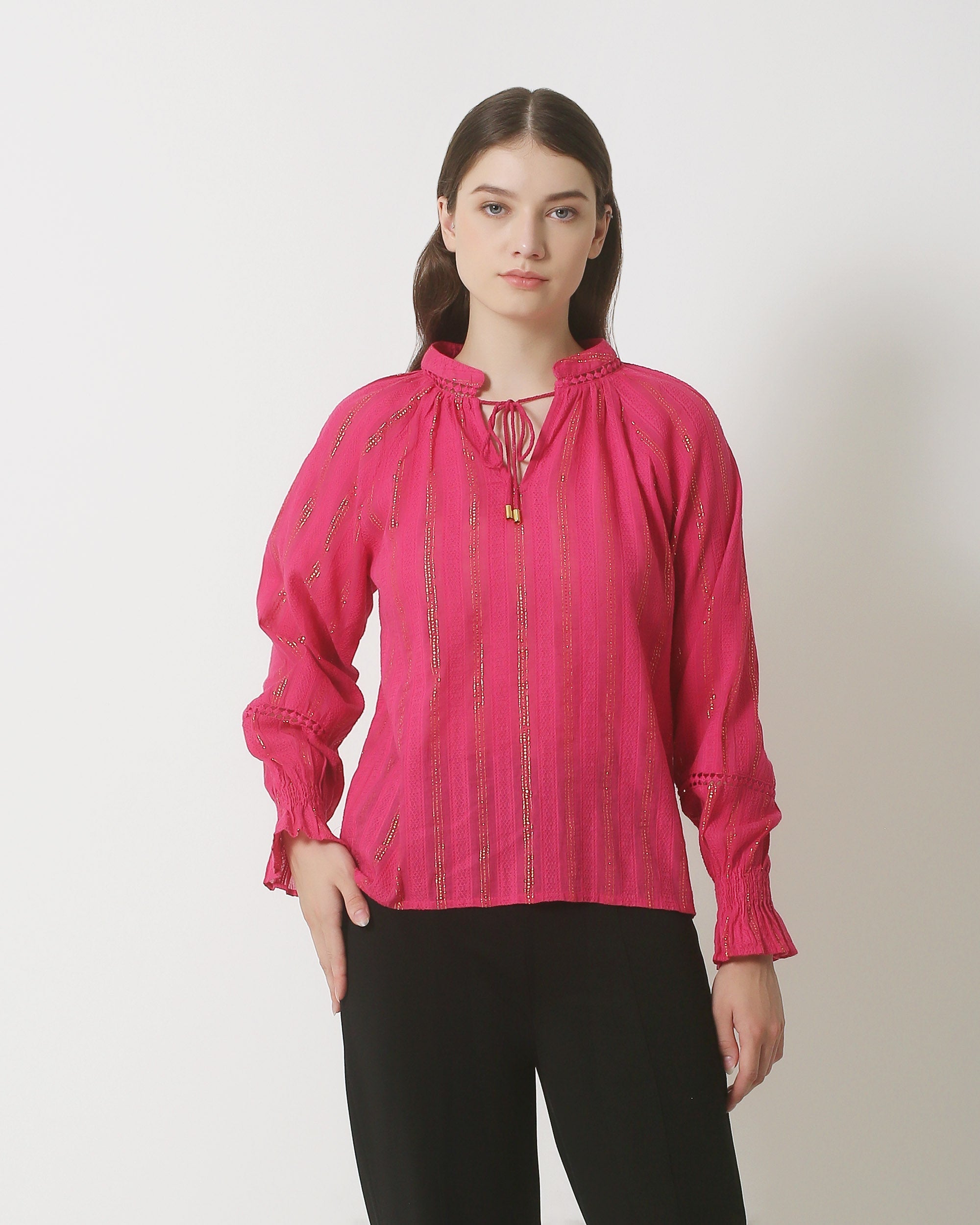 23887 Herfst Winter Fel Lurex Top Met Verticale Streepjes | Pink
