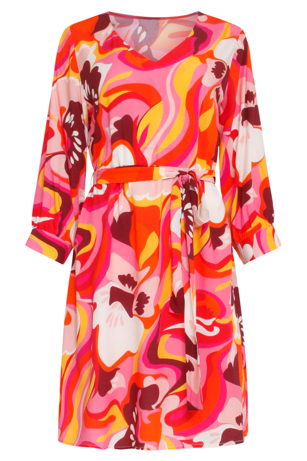 24000 Floral Retro Print V-Neck Jurk Met Riem | Pink-Multicolour