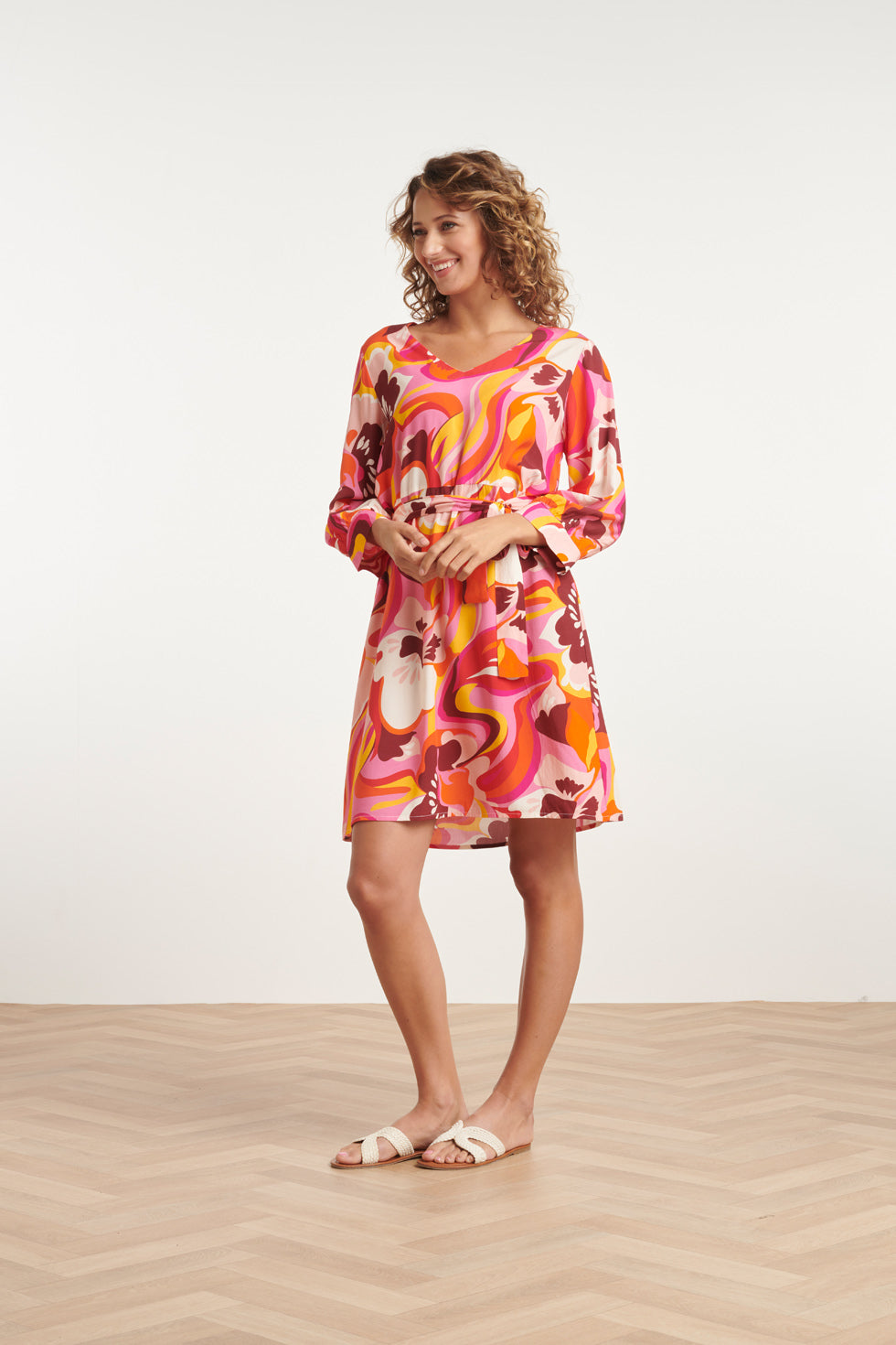 24000 Floral Retro Print V-Neck Jurk Met Riem | Pink-Multicolour