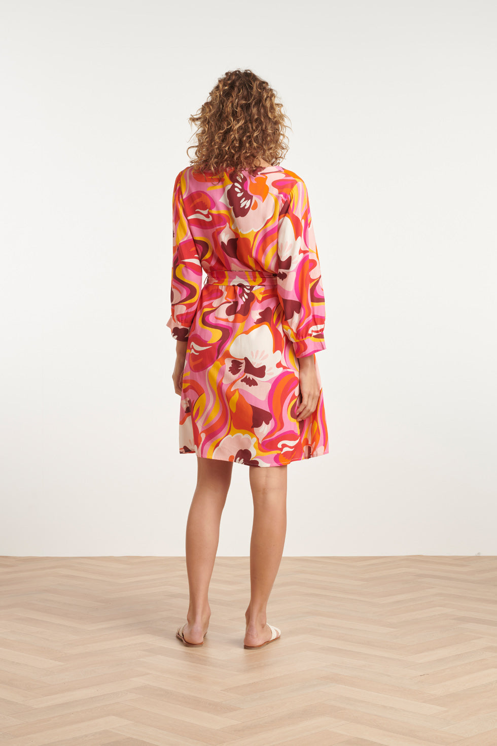 24000 Floral Retro Print V-Neck Jurk Met Riem | Pink-Multicolour