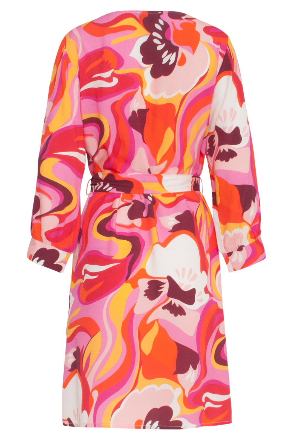 24000 Floral Retro Print V-Neck Jurk Met Riem | Pink-Multicolour