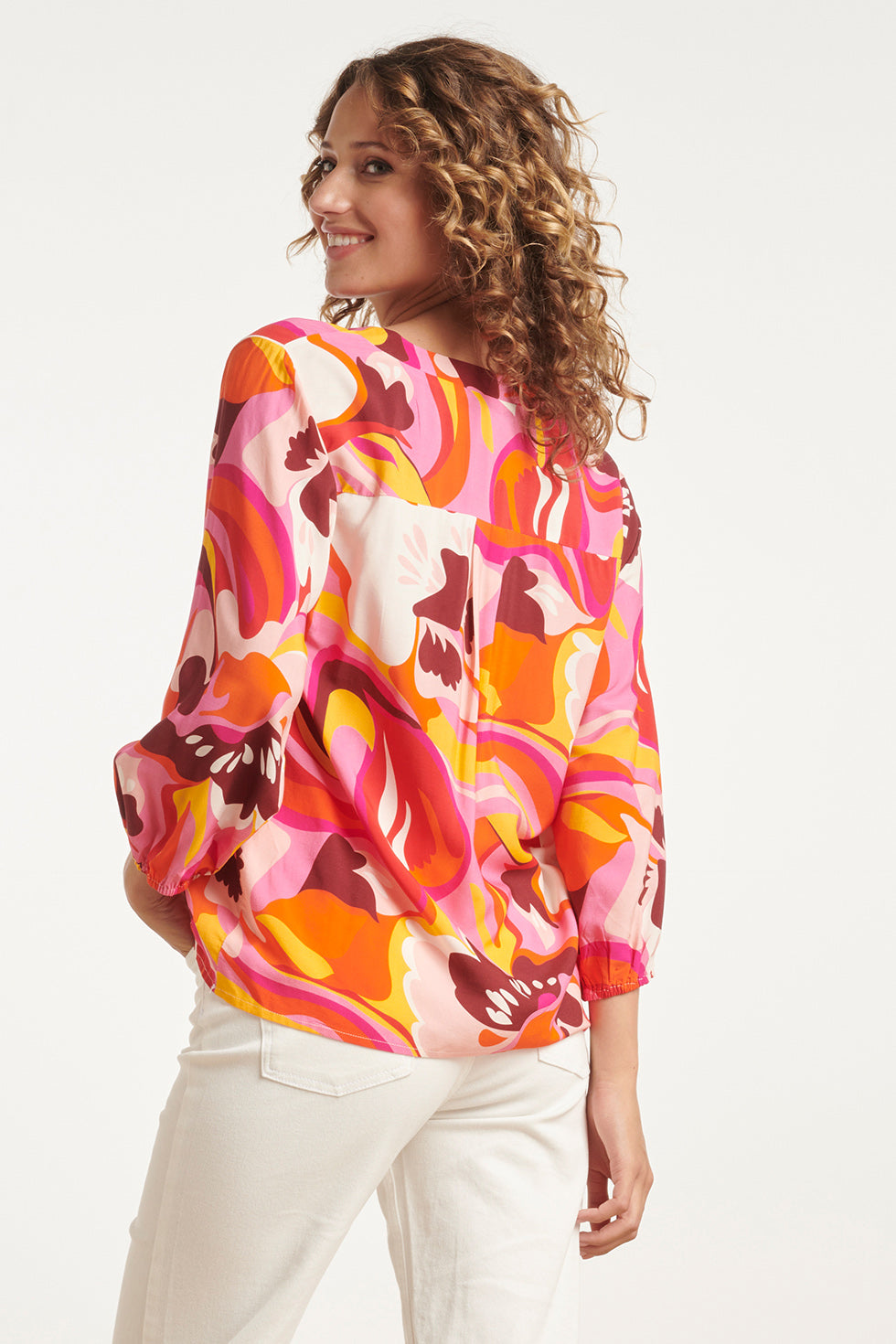 24001 Retro Print Loose Fit V-Hals Top Met Pofmouw | Pink-Multicolour