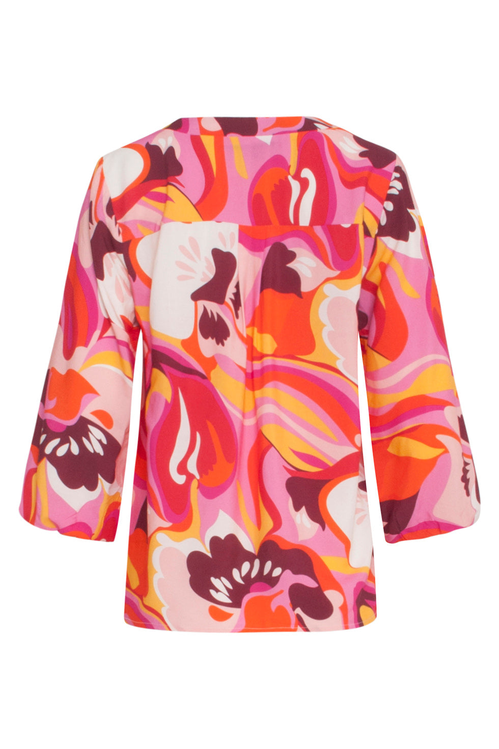 24001 Retro Print Loose Fit V-Hals Top Met Pofmouw | Pink - Muticolour