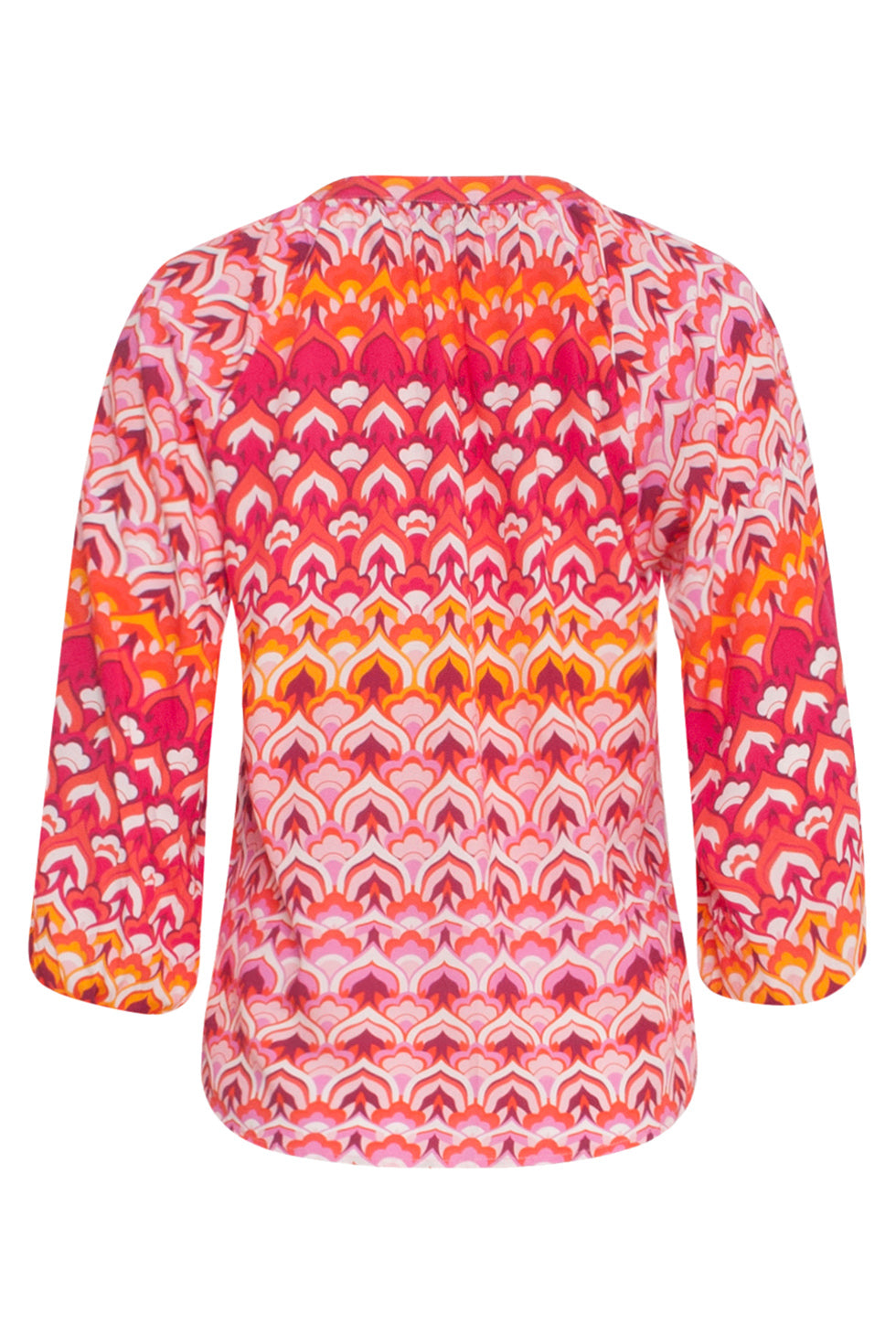 24004 Retro Print V-Hals Top Met Ballonmouw | Pink-Multicolour