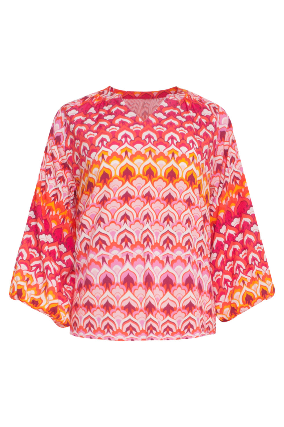 24004 Retro Print V-Hals Top Met Ballonmouw | Pink - Muticolour