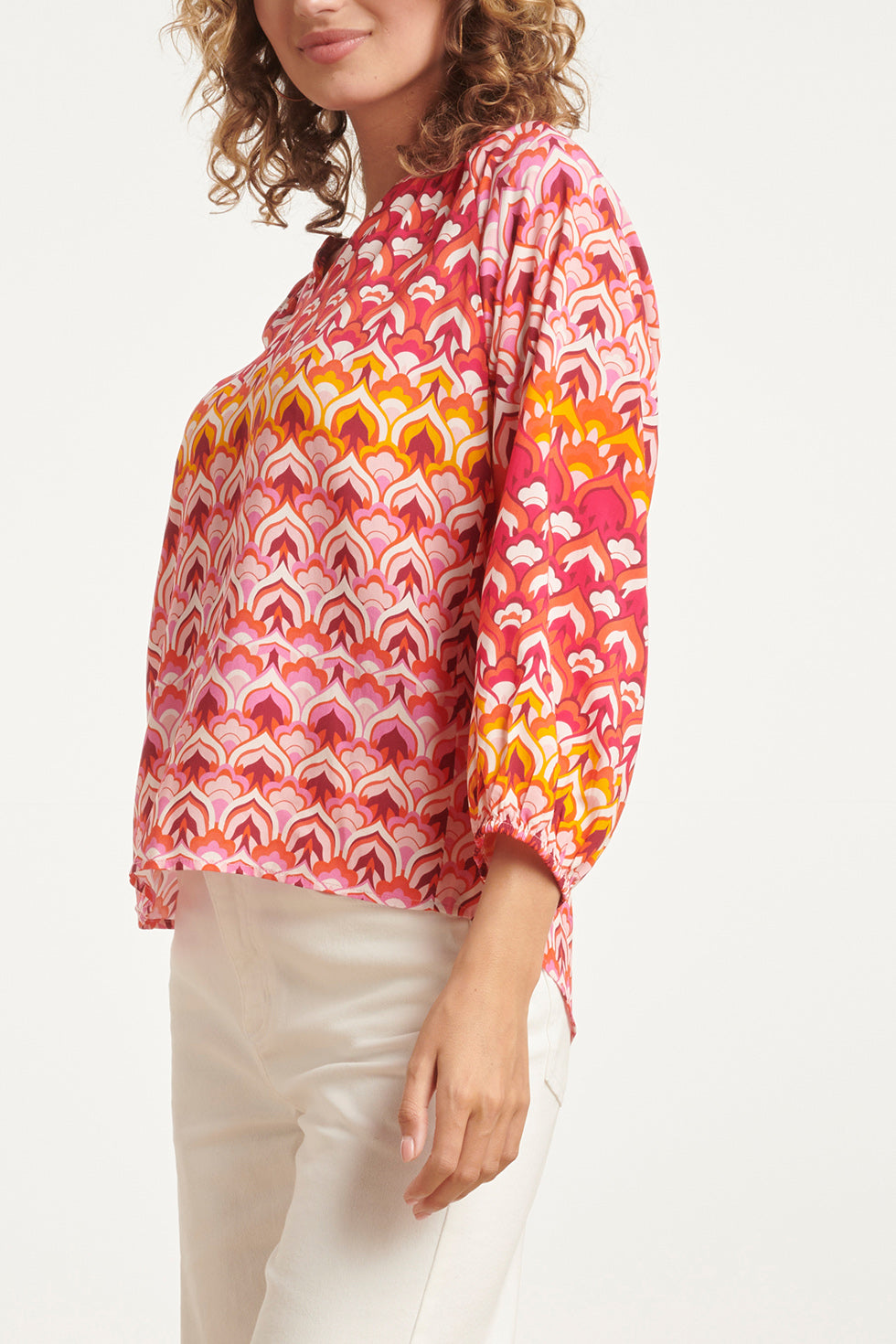 24004 Retro Print V-Hals Top Met Ballonmouw | Pink - Muticolour