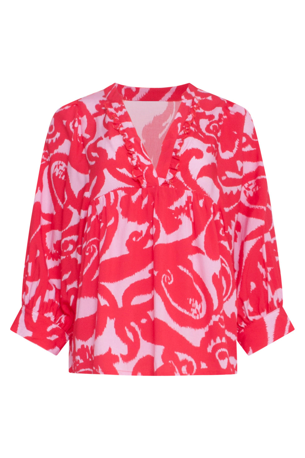24007 Bloemen Barok Losvallende Top Met Ballonmouwen | Pink-Red