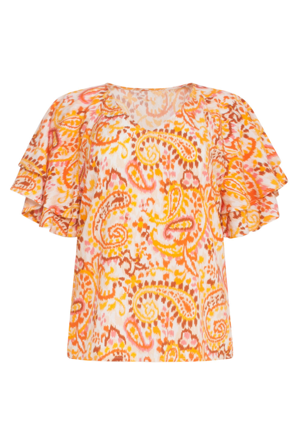 24013 Paisley Print V-Hals Top Met Ruches | White-Orange