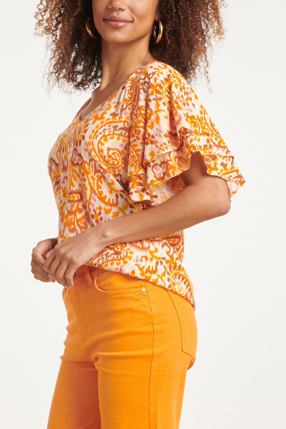 24013 Paisley Print V-Hals Top Met Ruches | White-Orange