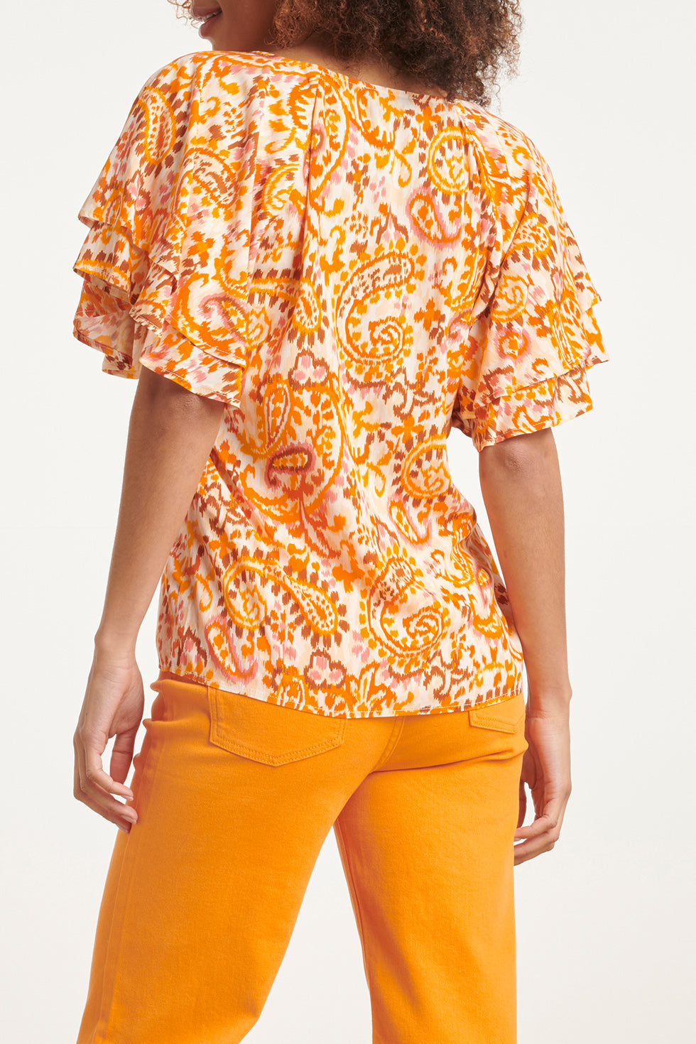 24013 Paisley Print V-Hals Top Met Ruches | White-Orange
