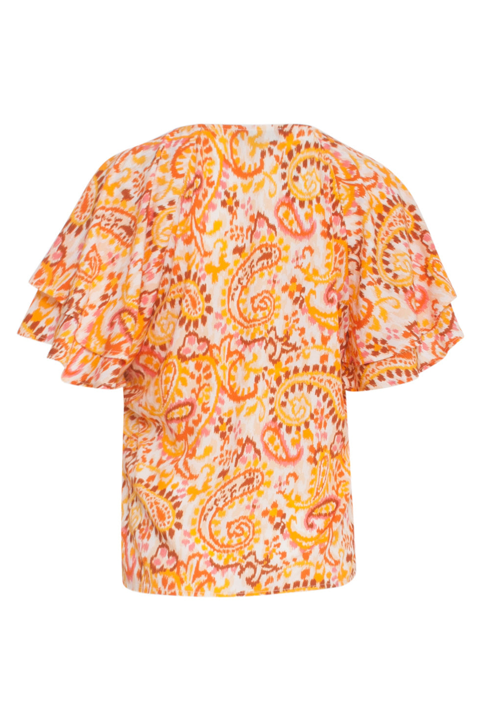 24013 Paisley Print V-Hals Top Met Ruches | White-Orange