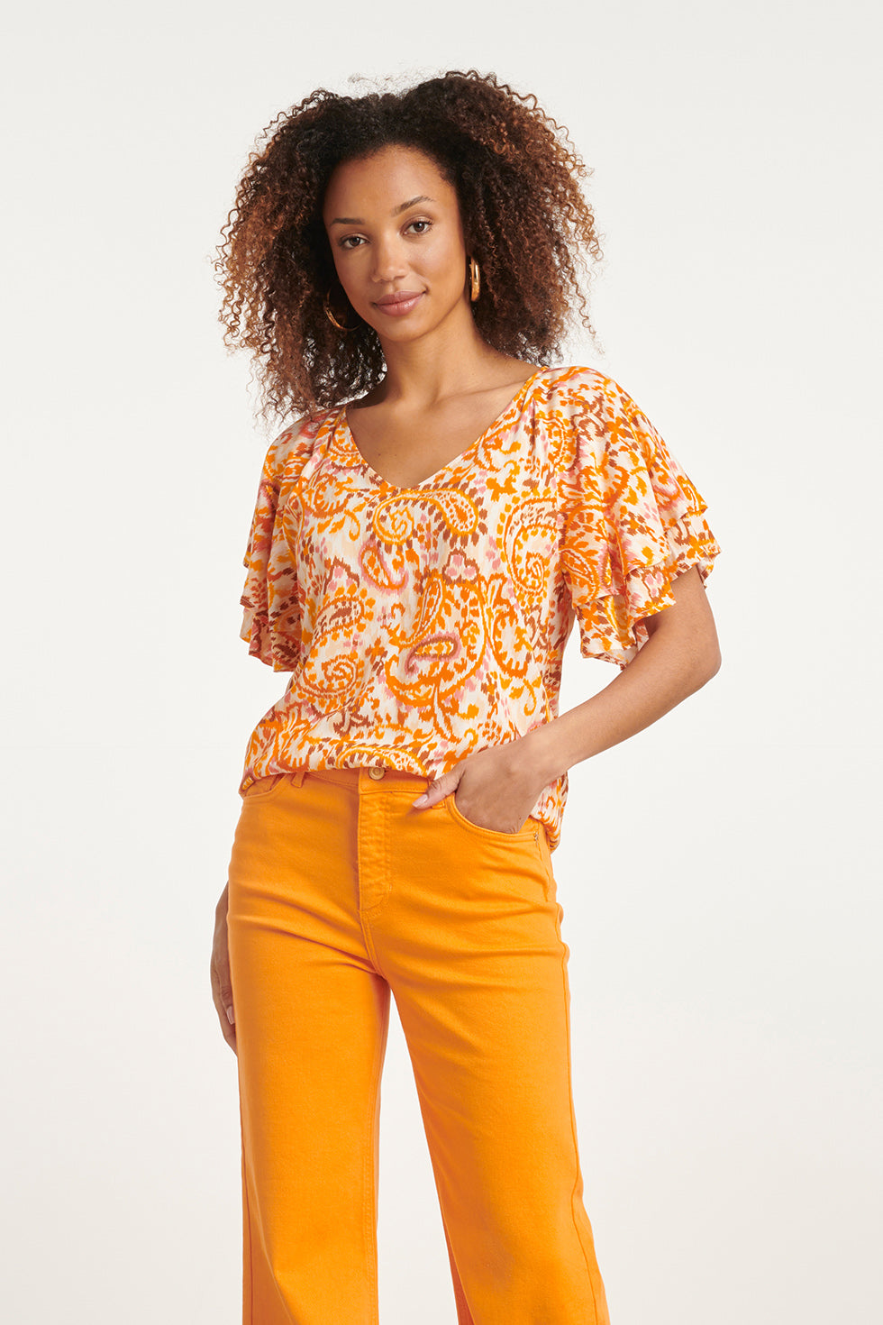 24013 Paisley Print V-Hals Top Met Ruches | White-Orange