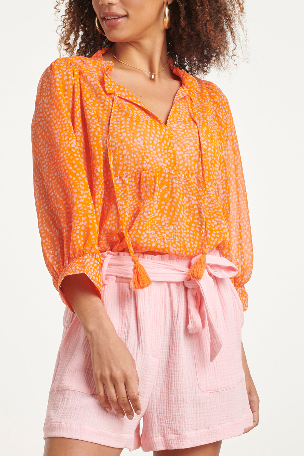 24017 Polka Dot Chiffon Top | Orange-Pink