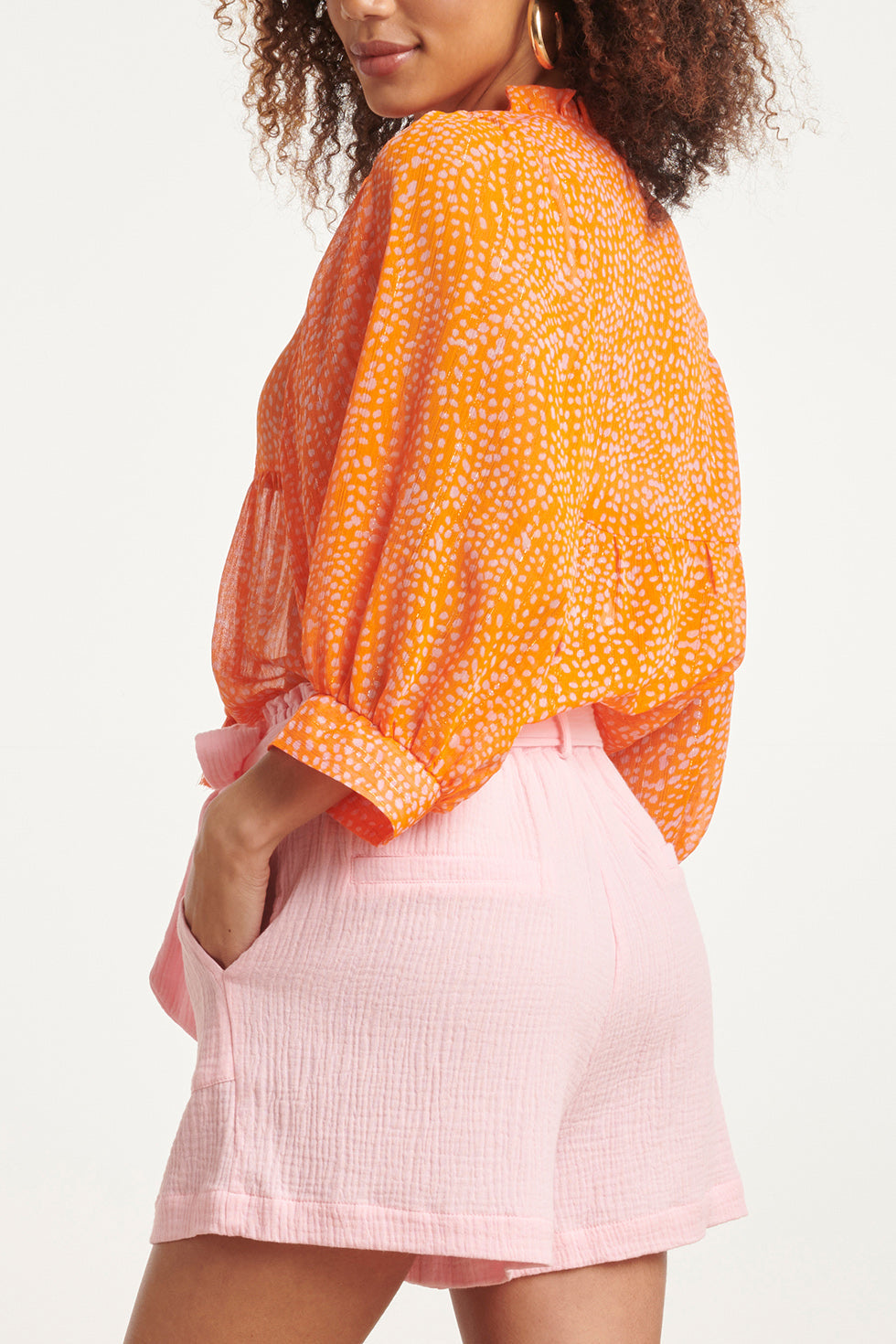 24017 Polka Dot Chiffon Top | Orange-Pink