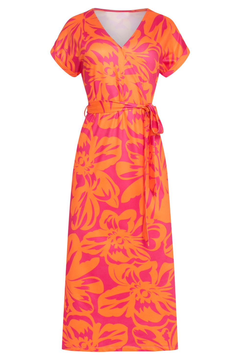 24019 Stretch Jurk Met Fuchsia Bloemenprint | Orange-Fuchsia