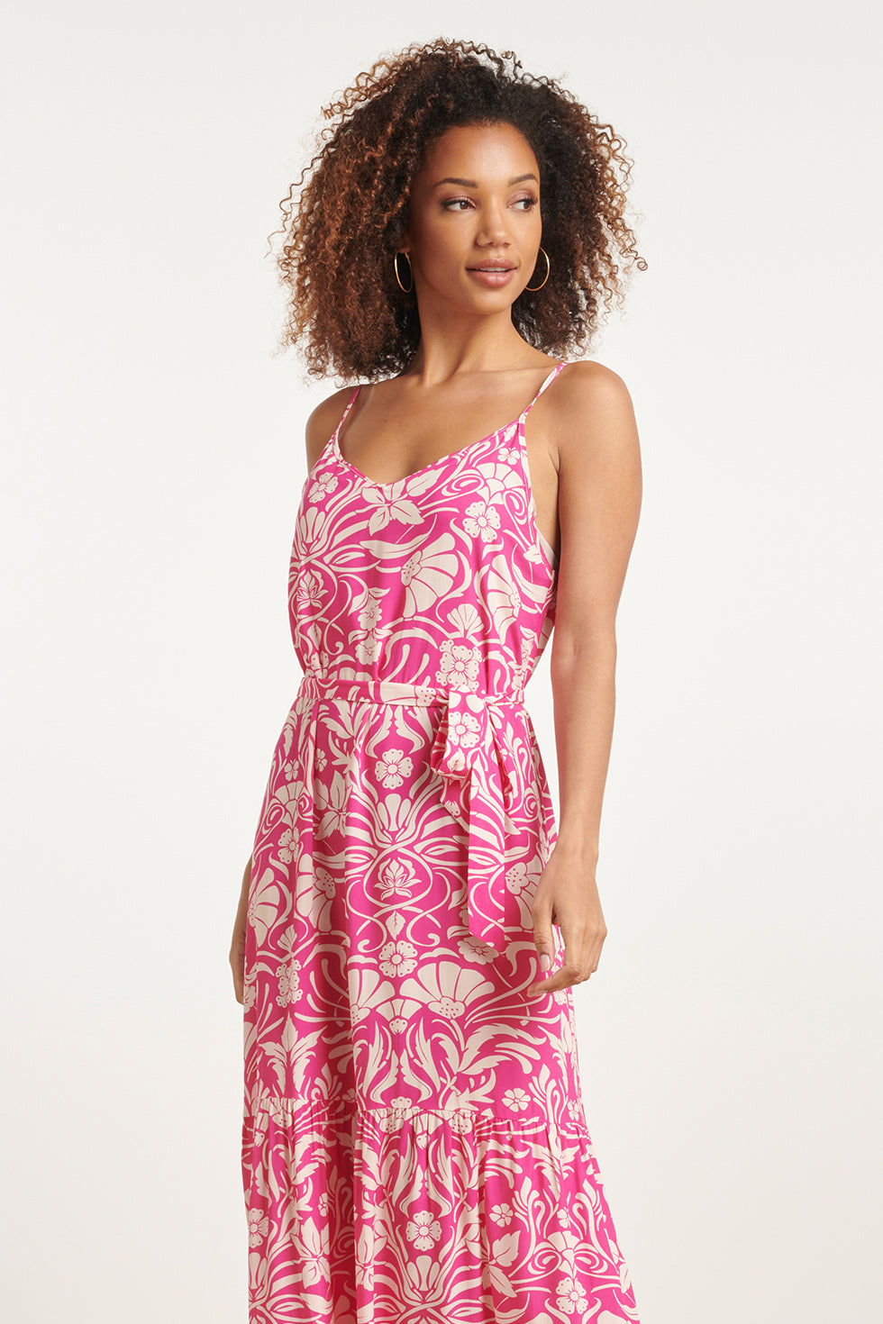 24022 Zomerse Spaghettibandjes Jurk Met Bloemenprint | Fuchsia-White