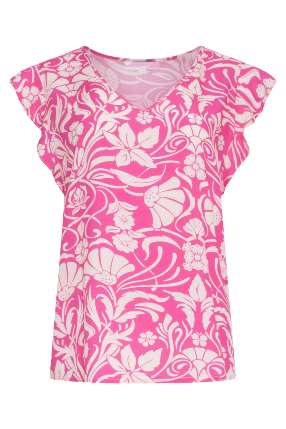 24023 Zomerse V-Hals Top Met Bloemenprint | Fuchsia-White