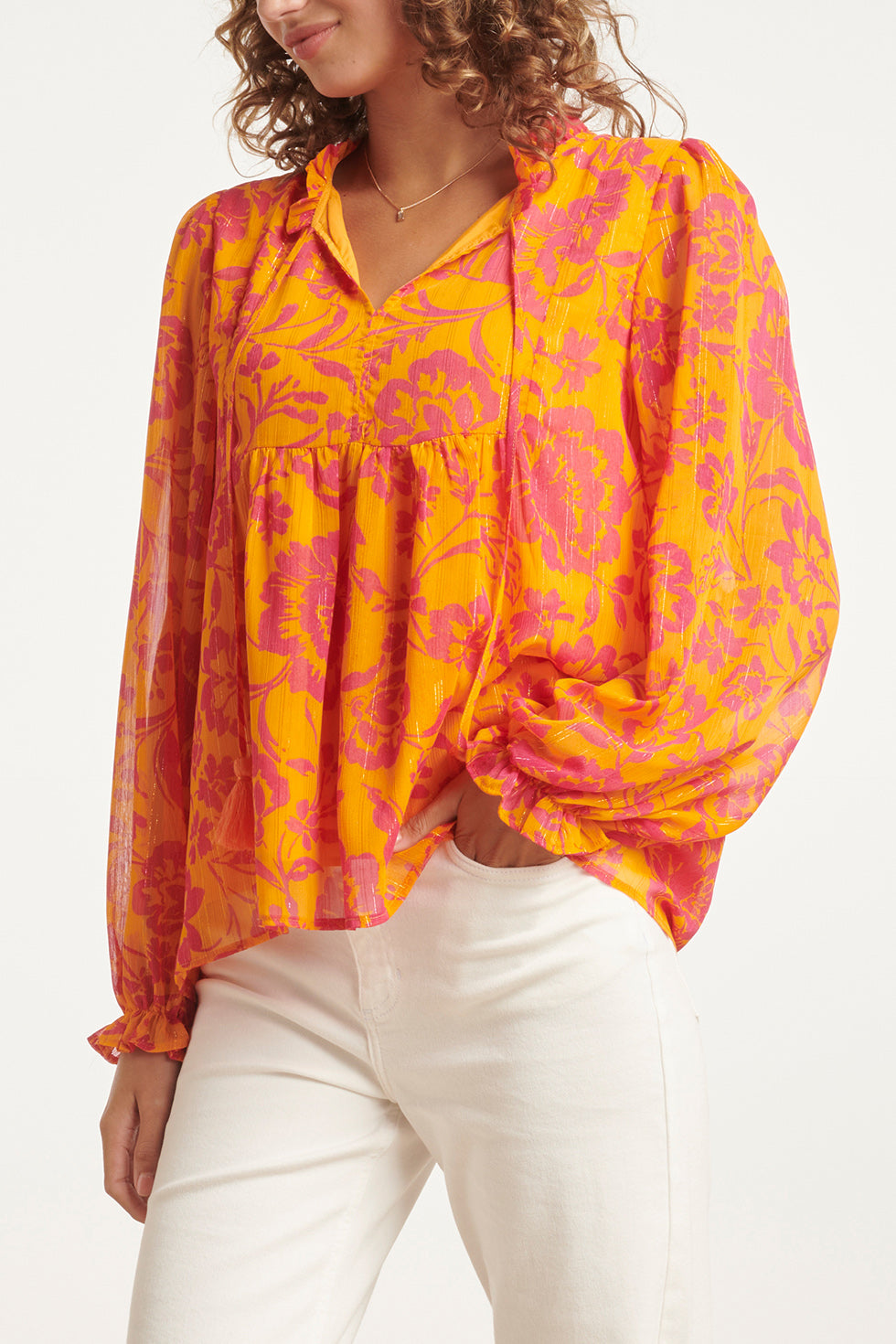 24025 V-Hals Chiffon Top Met Ballonmouwen | Orange-Fuchsia