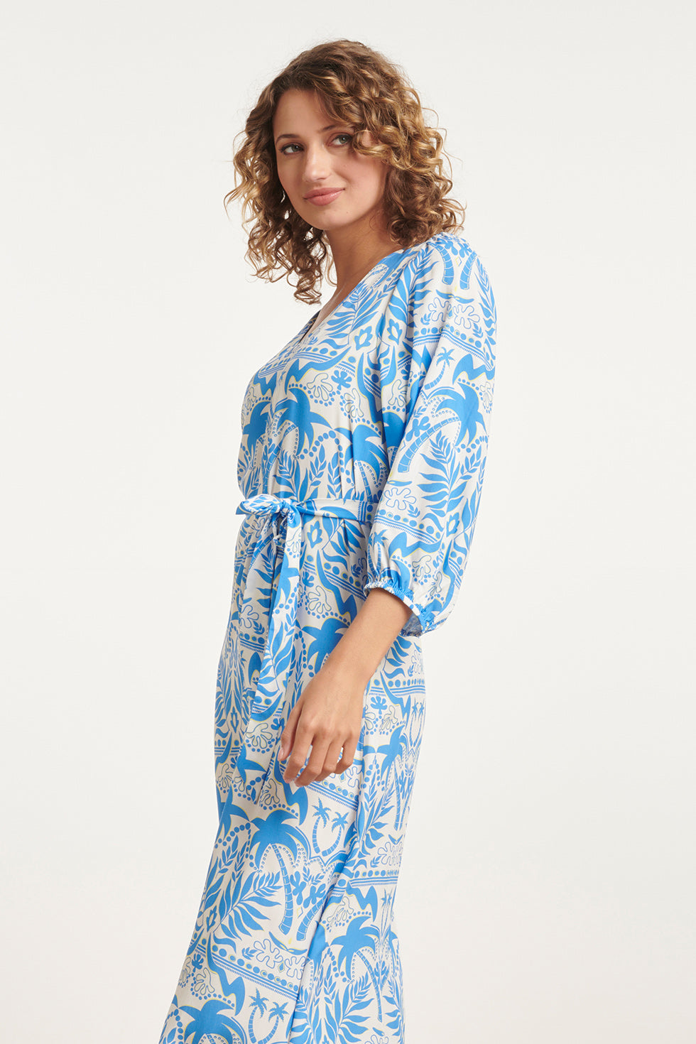 24038 Midi Zomerjurk Met Tropische Print Zomerse | White-Blue