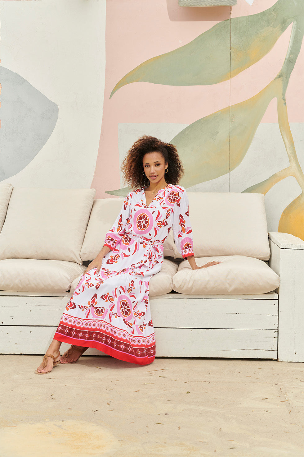 24053 Maxi Jurk Met Diepe V-Hals | White-Multicolour