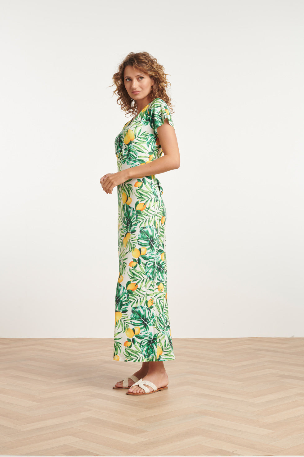 24057 Citroen Bedrukte Maxi Jurk | White - Muticolour