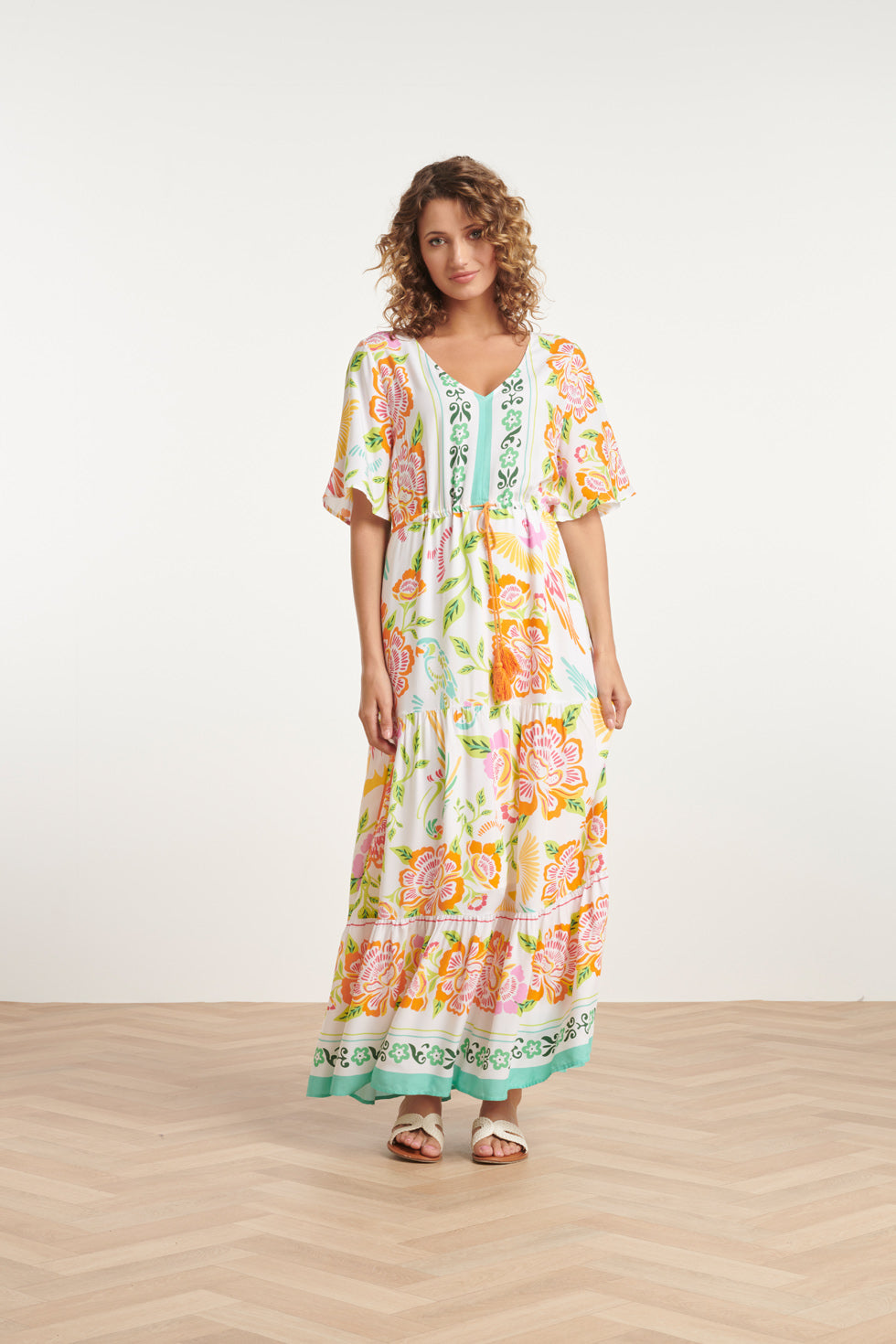 24061 Zomer Maxi Jurk Met Bloemenprint | White-Multicolour