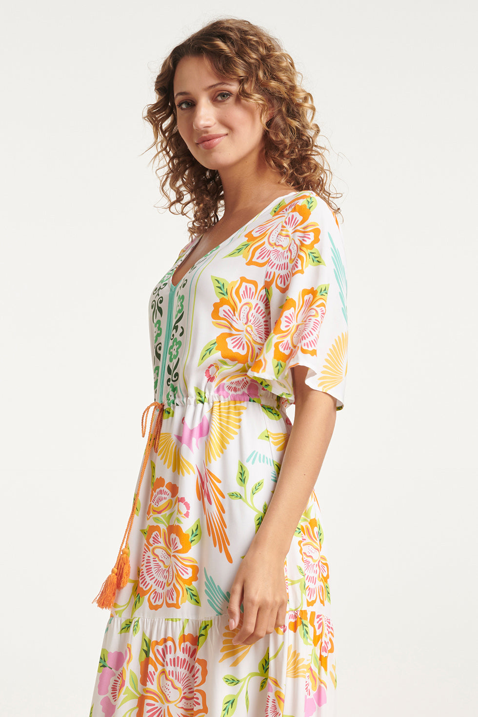 24061 Zomer Maxi Jurk Met Bloemenprint | White-Multicolour