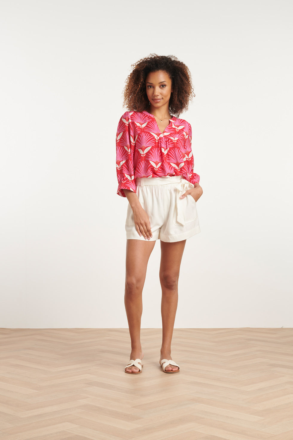 24068 Retro Bloemenprint Top Met 3/4 Mouwen | Red-Pink