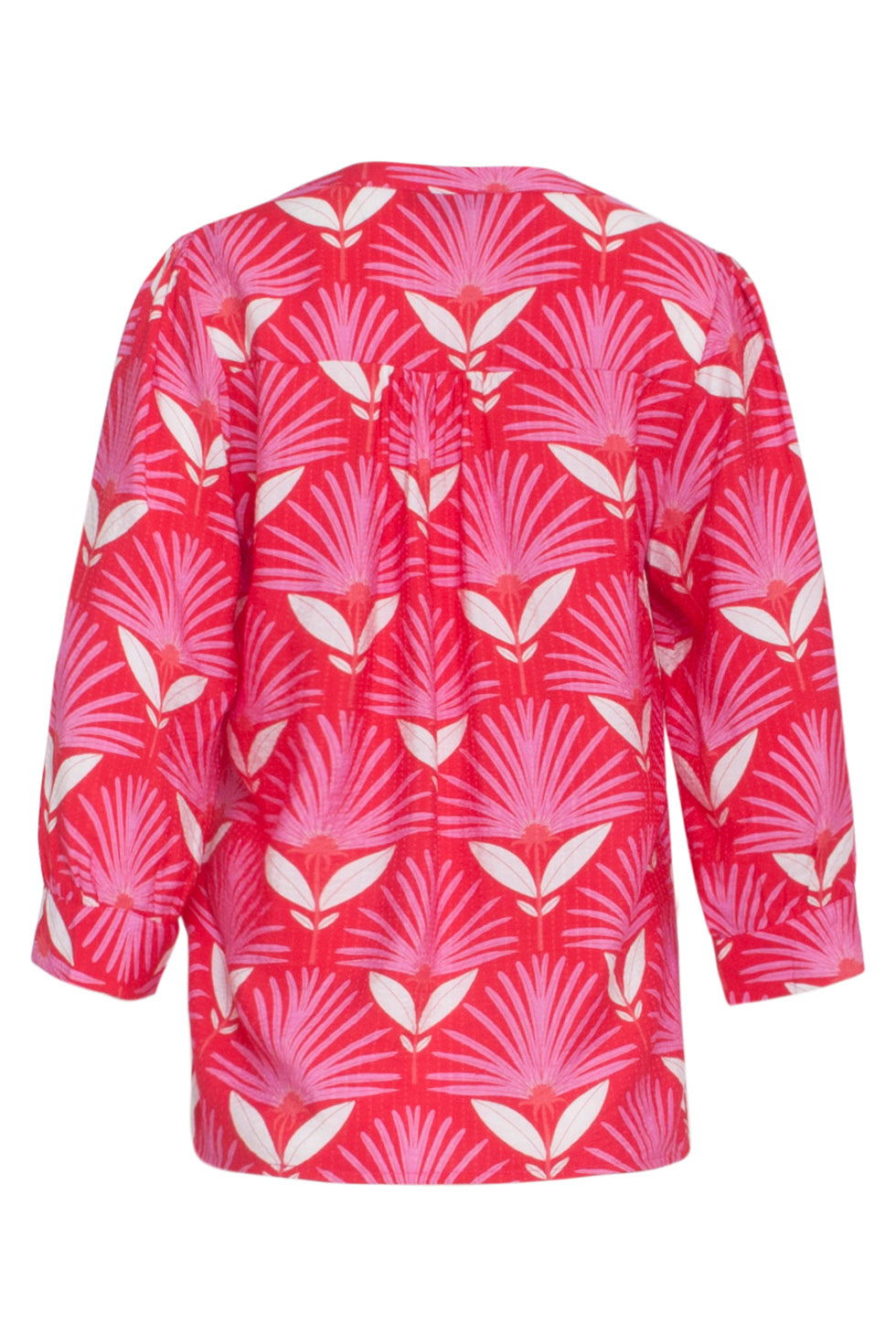 24068 Retro Bloemenprint Top Met 3/4 Mouwen | Red-Pink