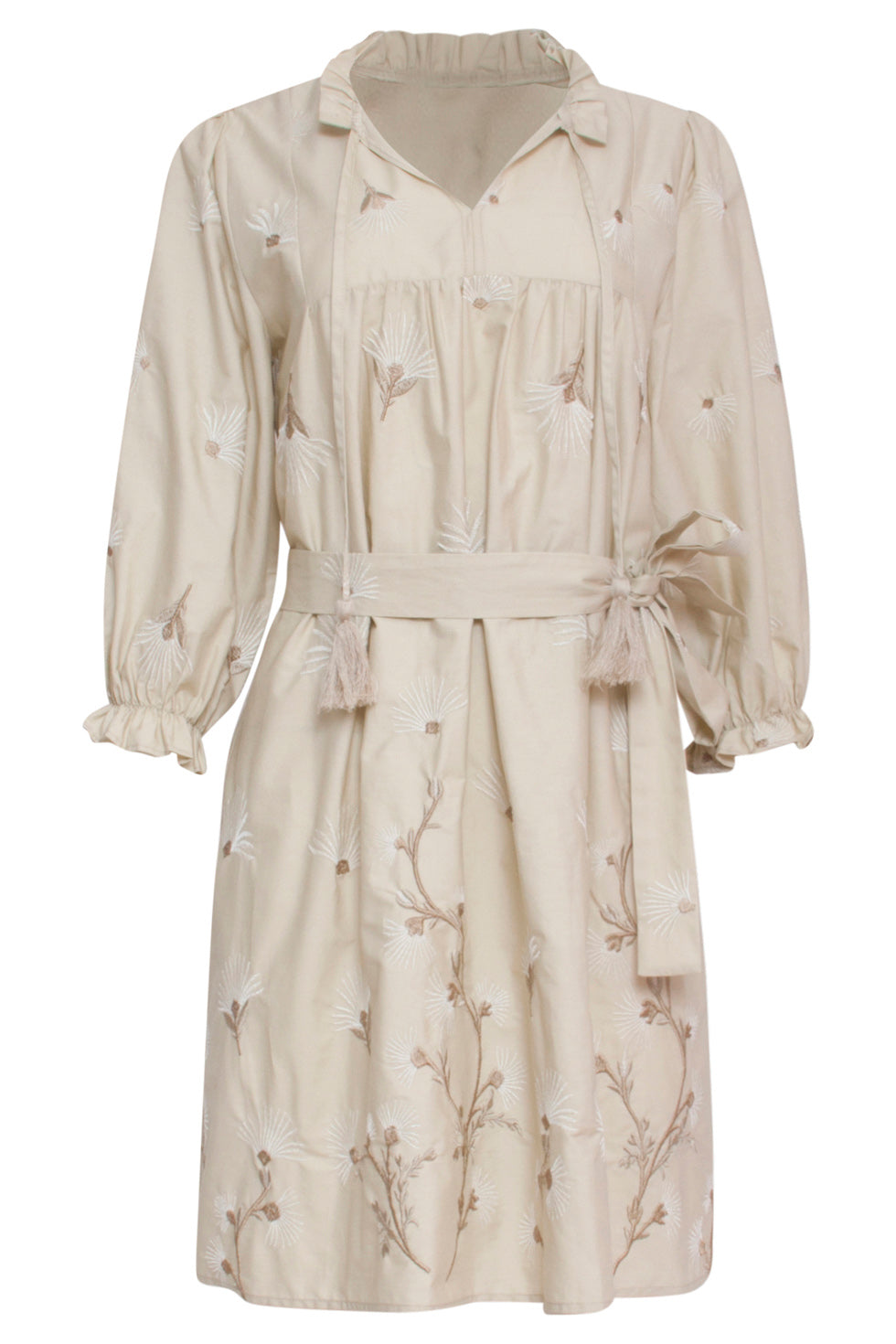 24079 Geborduurde Jurk Met Neutrale Bloemendesign Print | Sand-Offwhite