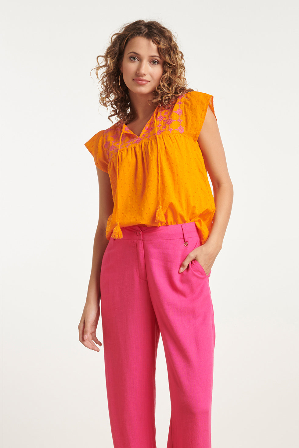 24127 Vrolijke Korte Mouwen Top | Orange-Fuchsia