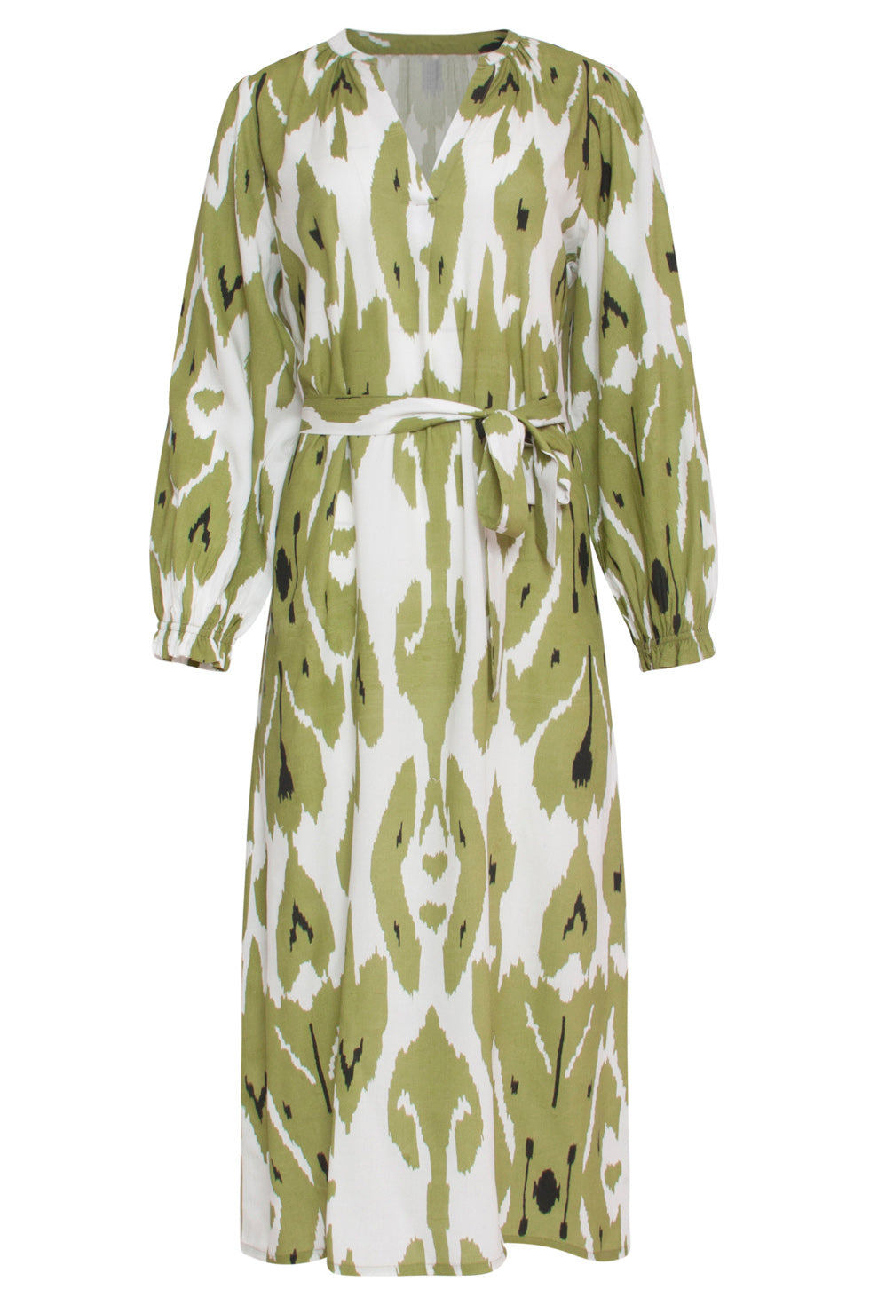 24143 Eenvoudige Klassieke Jurk Met Mos Aztekenprint | Off White-Light Army